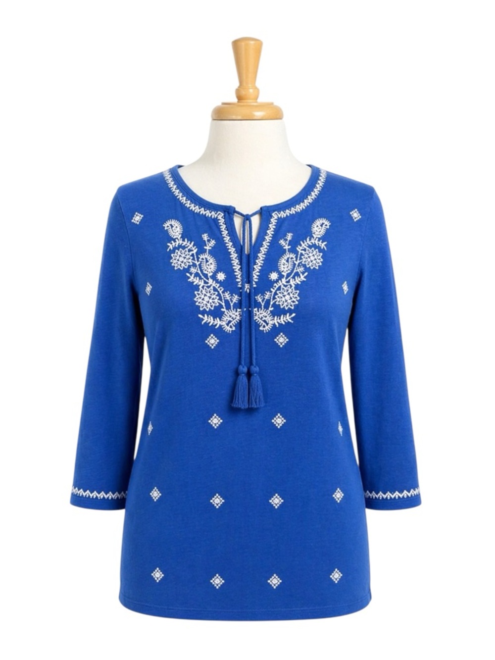 Talbots Womens Embroidered Bohemian Blouse Top Medium Petite Tassels Casual